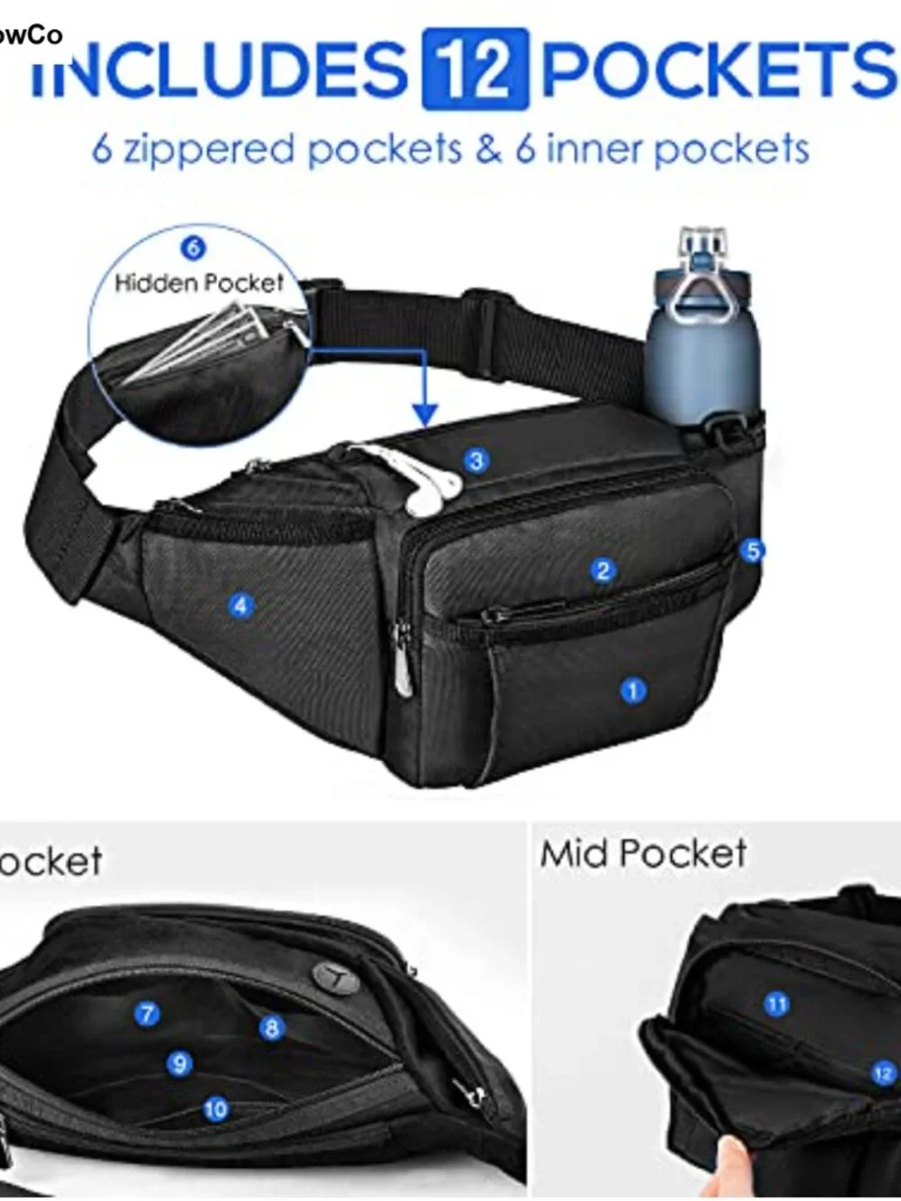 Hiking Fanny Pack with Retractable Water Bottle Holder, Adjustable Waist Strap